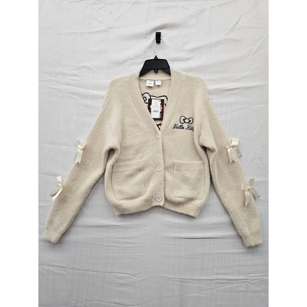 Hello Kitty Sanrio Cream Fuzzy Cardigan Sweater Bow Sleeve XS KTHK016GLB NEW
